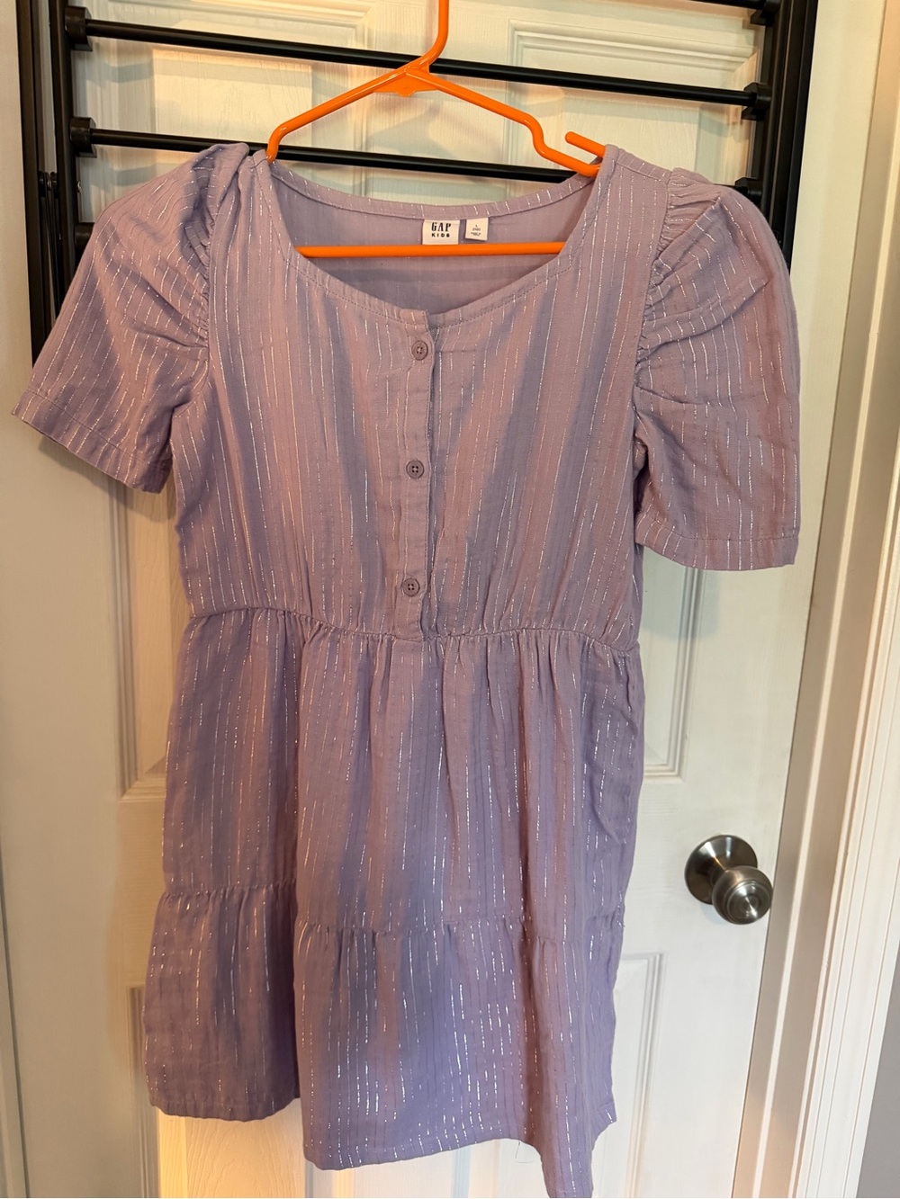 GAP Girls Lavender Metallic-Stripe Puff Sleeve Dress